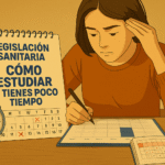 opositora estudiando legislación sanitaria con poco tiempo y calendario