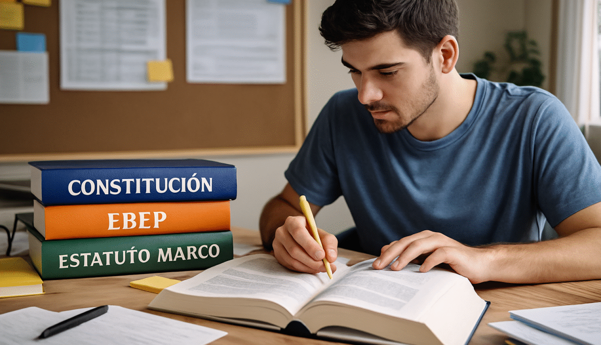 opositora estudiando artículos importantes de la Constitución Española para oposiciones sanitarias