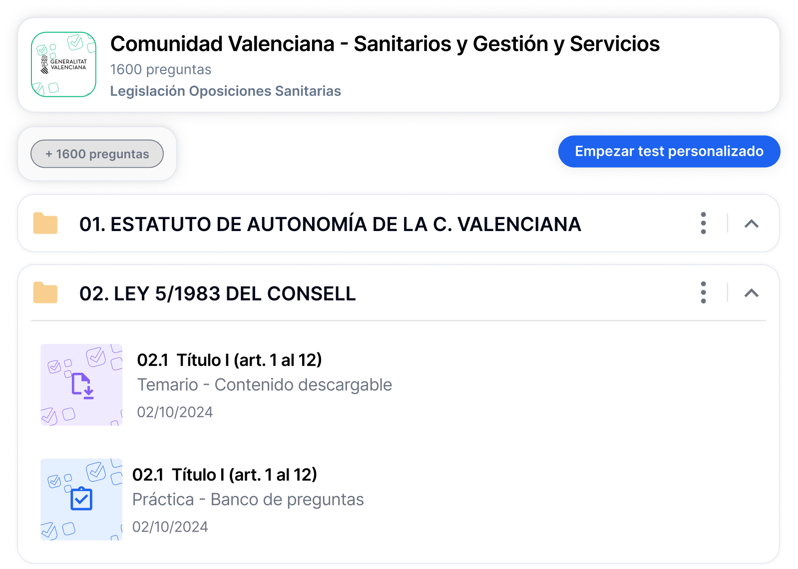 Plataforma de test y simulacros para las Oposiciones Sanitarias en la C. Valenciana