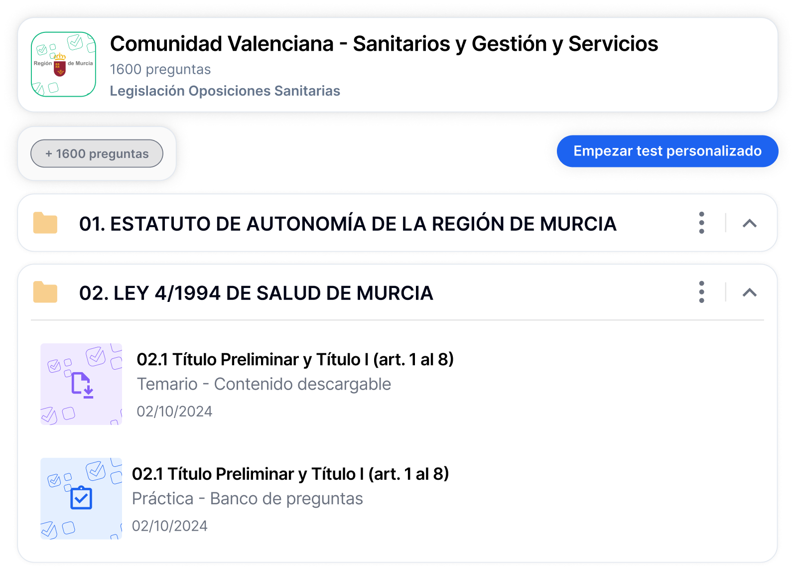 Plataforma de test y simulacros para las Oposiciones Sanitarias en la Región de Murcia